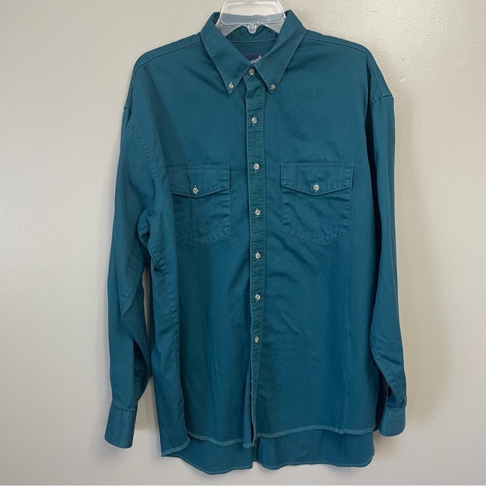 Wrangler Western Men blue Green Shirt Cowboy Ranch Work Wear 17 1/2 x 36